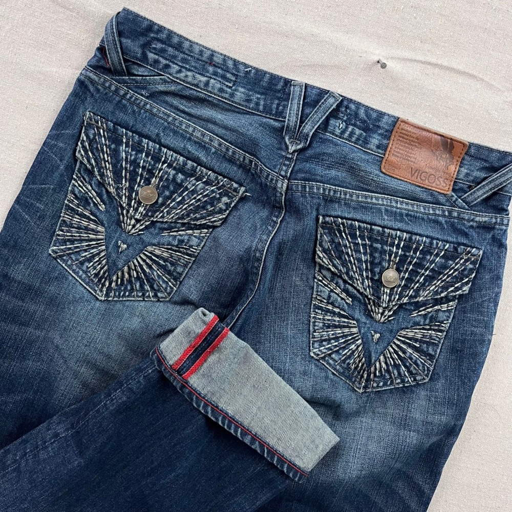 Vigoss Mens Straight Leg Distressed Blue Jeans Embroidered Flap Pocket W34 L34‎